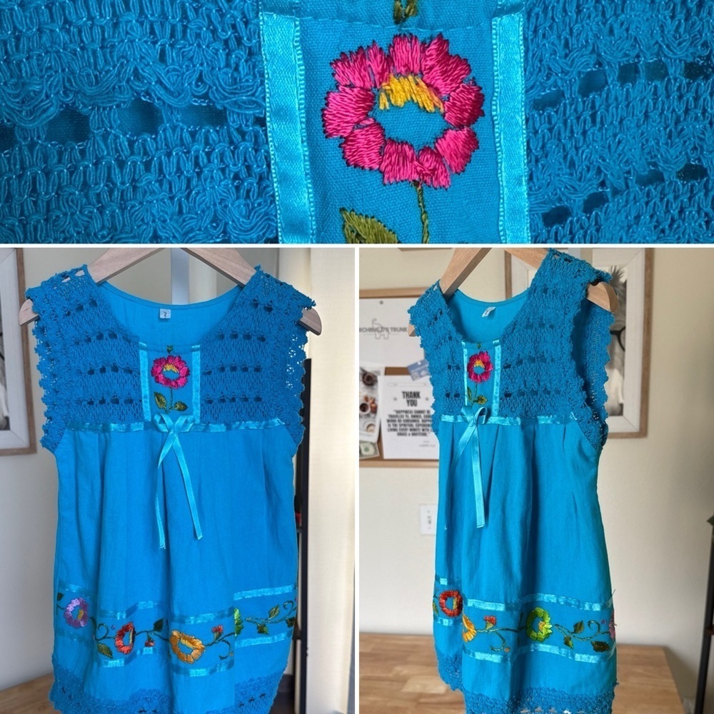 Traditional Girls Size 2 Embroidered Colorful Blue Floral Fiesta Dress
